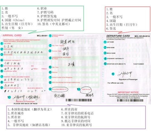 菲律宾入境卡样本